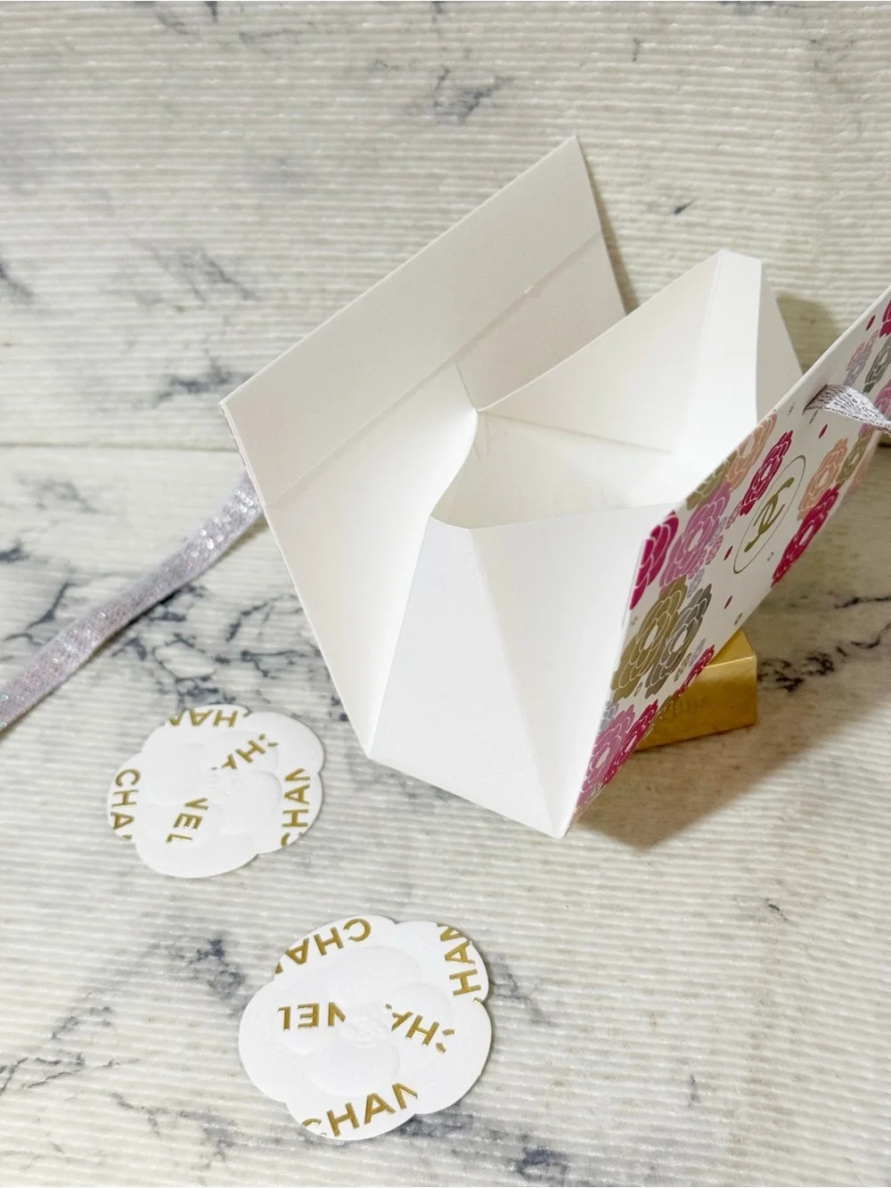 Chanel Beauty Pink Gold Camellia Floral Gift Bag with 2 Chanel Camellia Stickers